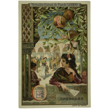 Carte réclame. Véritable extrait de viande Liebig. Peptone de viande de la Compagnie Liebig. Grenades.