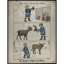 Tableaux muraux. Pour faire parler nos petits. 32 scènes familières en images sans paroles. Première Série. 9- Jacquot soigne ses bêtes. 10- Josette va en visite.