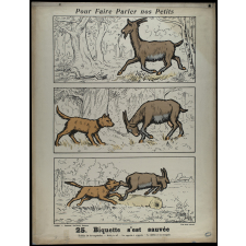 Tableaux muraux. Pour faire parler nos petits. 32 scènes familières en images sans paroles. Deuxième série. 25- Biquette s'est sauvée. 26- Chez le coiffeur.