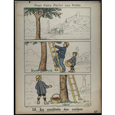 Tableaux muraux. Pour faire parler nos petits. 32 scènes familières en images sans paroles. Première Série. 13- La cueillette des cerises. 14- Dédé aime les confitures.