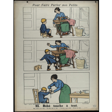 Tableaux muraux. Pour faire parler nos petits. 32 scènes familières en images sans paroles. Deuxième Série. 21- Bébé touche à tout. 22- Ne jouez pas avec le feu.