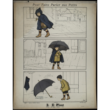 Tabeaux muraux. Pour faire parler nos petits. 32 scènes familières en images sans paroles. Première Série. 3- Il pleut. 4- Autour du feu.