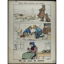 Tableaux muraux. Pour faire parler nos petits. 32 scènes familières en images sans paroles. Deuxième Série. 23- La tonte du mouton. 24- Les tois âges.