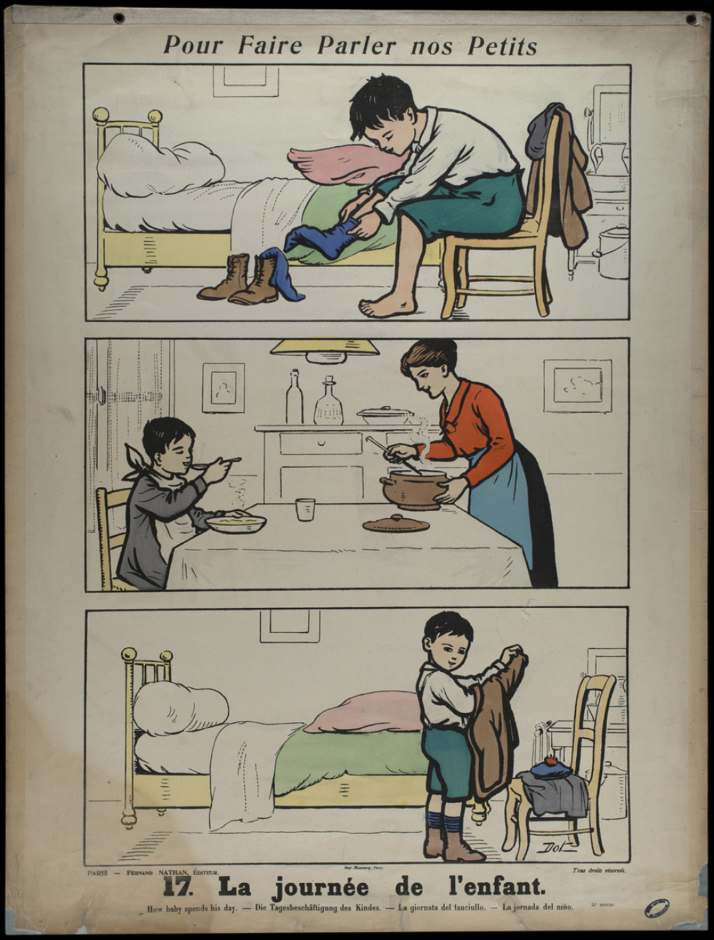 Tableaux muraux. Pour faire parler nos petits. 32 scènes familières en images sans paroles.   Deuxième série. 17- La journée de l'enfant. 18- La traite de la vache.