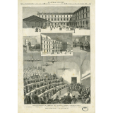 Inauguration de l'École des hautes études commerciales. 1- Cour intérieure. 2- Chambre d'élève. 3- Façade sur la rue Tocqueville. 4- Salle de jeu. 5- Amphithéâtre et cérémonie d'inauguration.