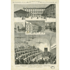Inauguration de l'École des hautes études commerciales. 1- Cour intérieure. 2- Chambre d'élève. 3- Façade sur la rue Tocqueville. 4- Salle de jeu. 5- Amphithéâtre et cérémonie d'inauguration.