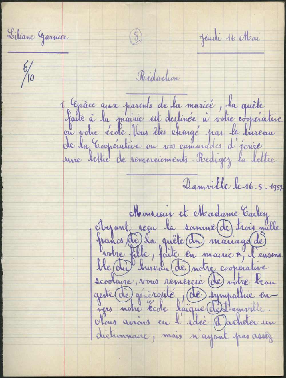 Certificat d'études 1957. Canton de Damville. Rédaction