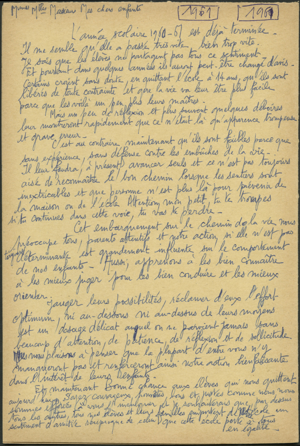 Distribution des Prix - 1961 - Liste de donateurs et brouillon du discours à ses élèves
