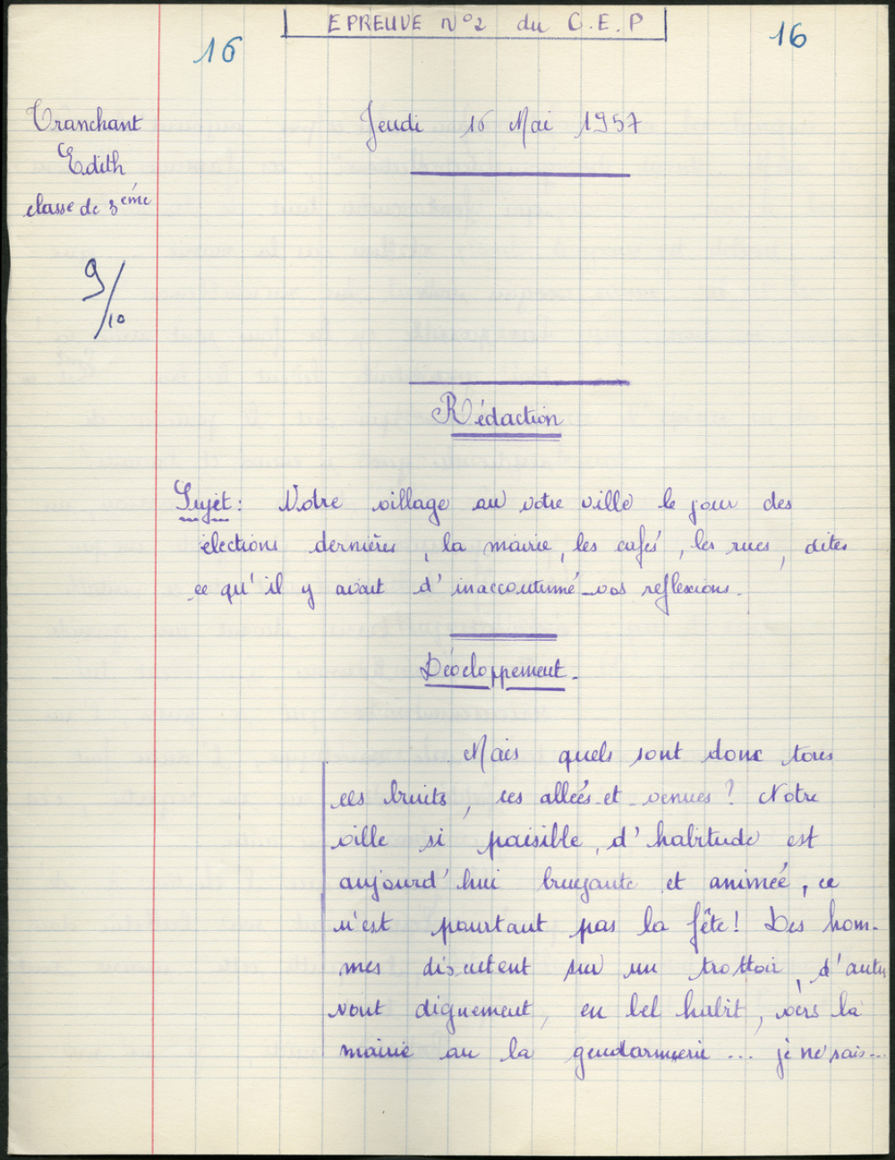 Certificat d'études 1957. Canton de Damville. Rédaction