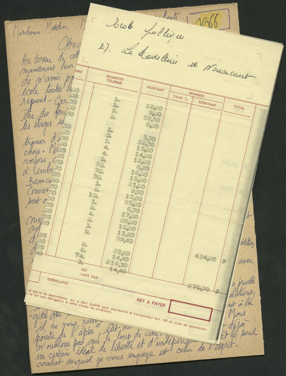 Prix 1966 - Liste des donateurs, brouillon de remerciements et de discours aux élèves, bordereau de livraison