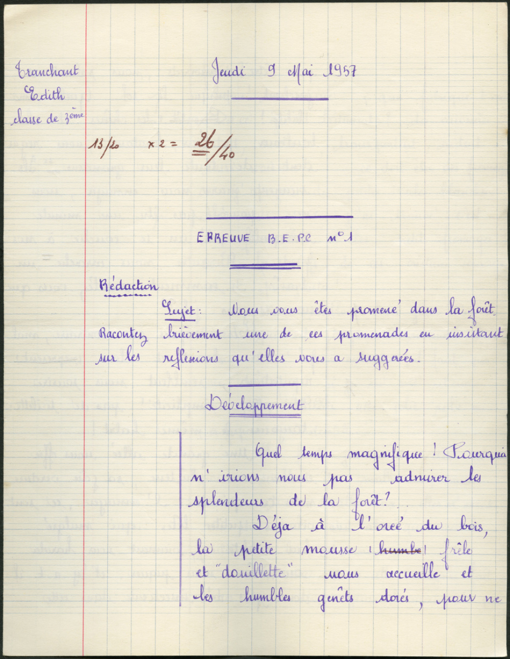 BEPC 1957. Collège de Damville. Rédaction