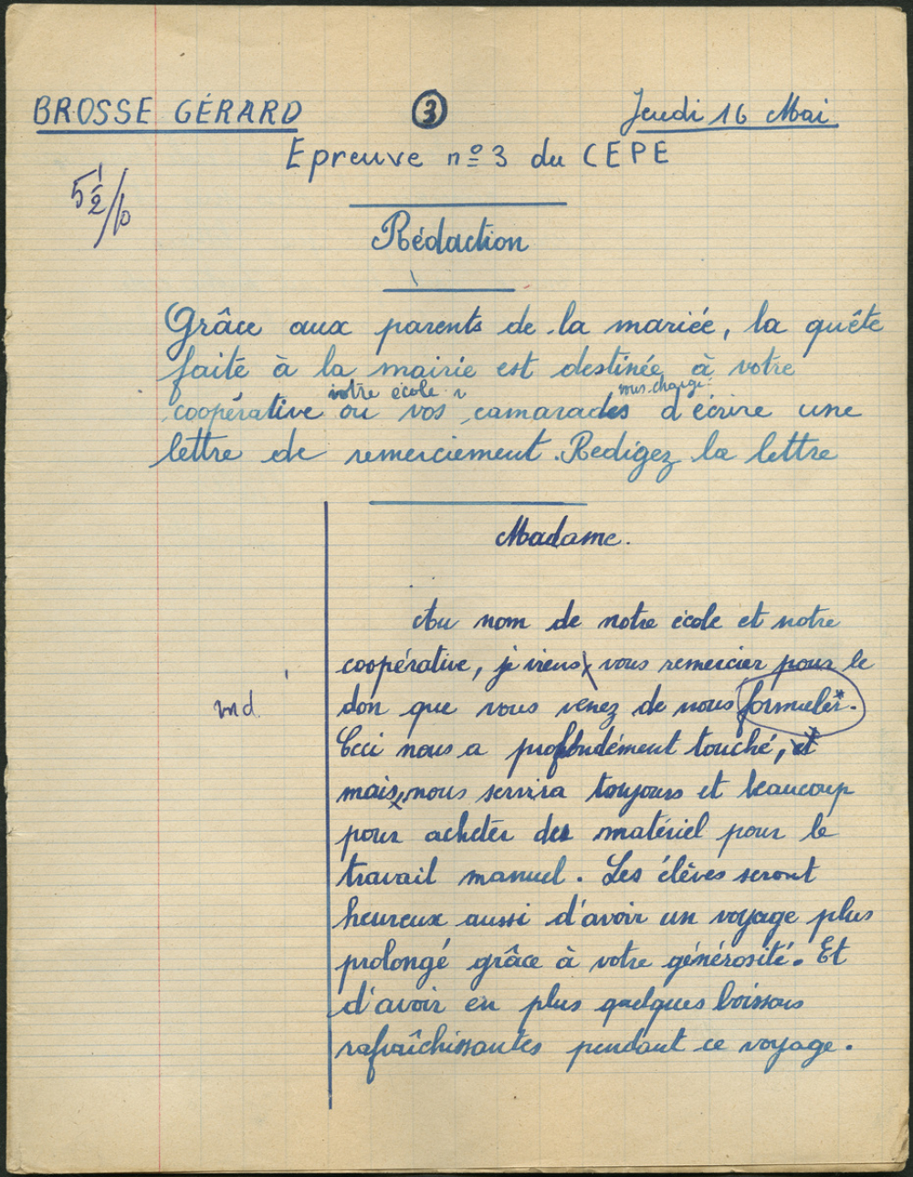 Certificat d'études 1957. Canton de Damville. Rédaction