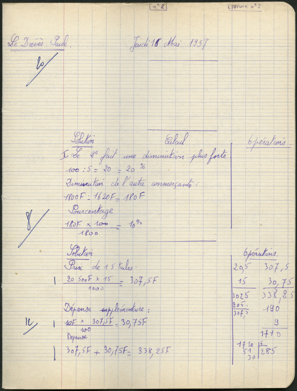 Certificat d'études 1957. Canton de Damville. Devoir de calcul