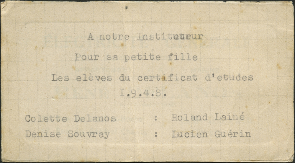 Étiquette d'un cadeau de naissance : À notre instituteur Pour sa petite fille. Les élèves du certificat d'études 1948