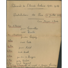 Palmarès de l'année scolaire 1956-1957 - Distribution des Prix - 14 juillet 1957