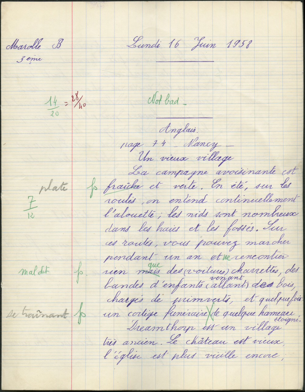 BEPC 1958. Collège de Damville. Anglais