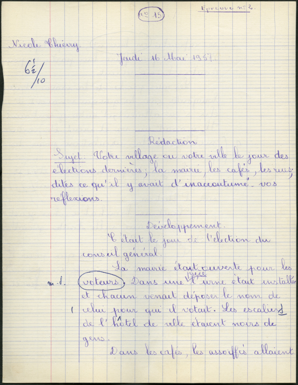Certificat d'études 1957. Canton de Damville. Rédaction