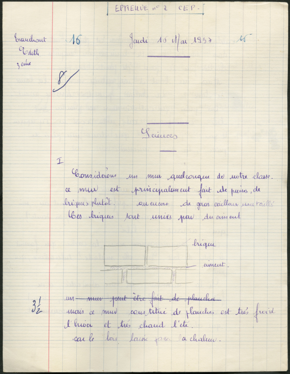 Certificat d'études 1957. Canton de Damville. Devoir de sciences / filles