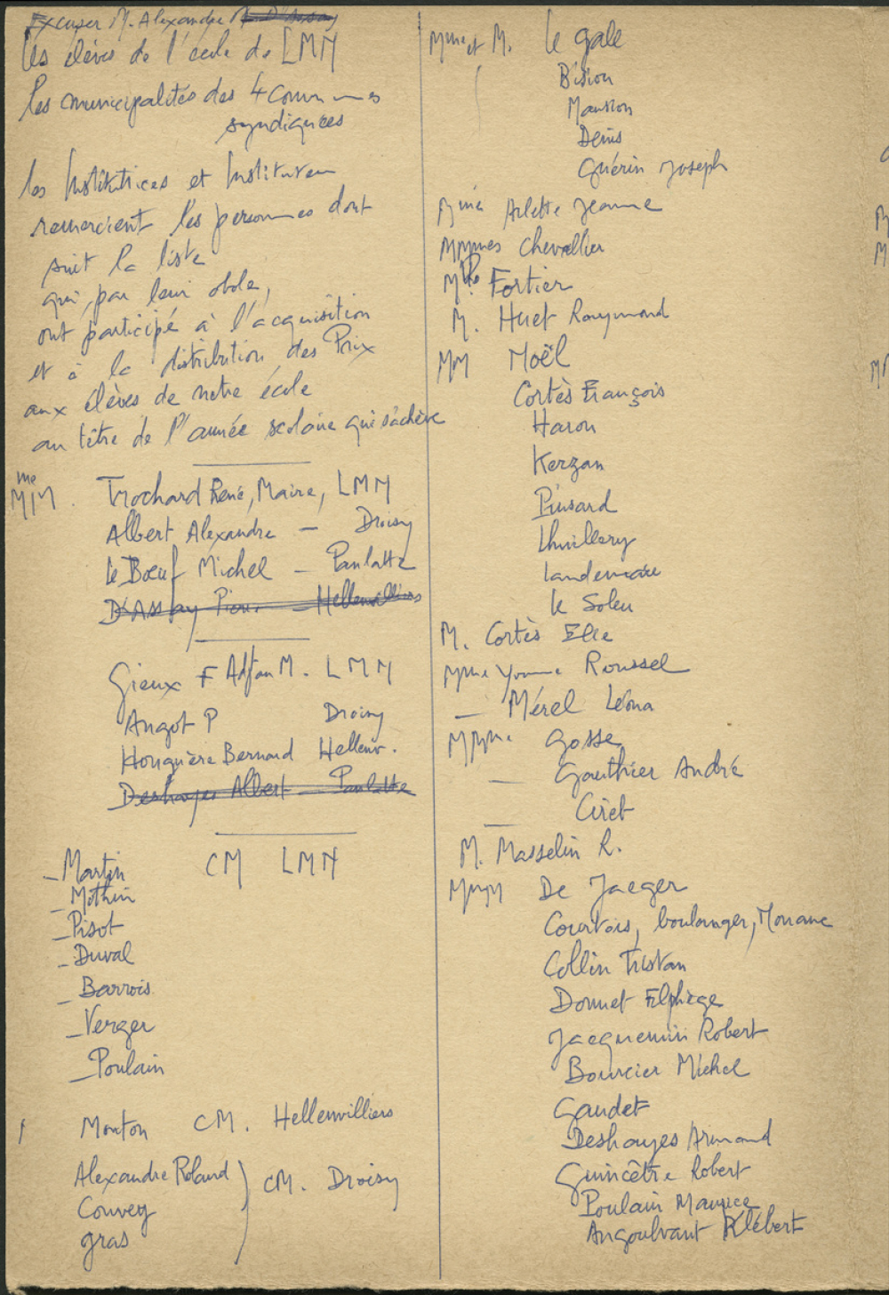 Distribution des Prix - 1973 - Liste de donateurs, brouillon de remerciements