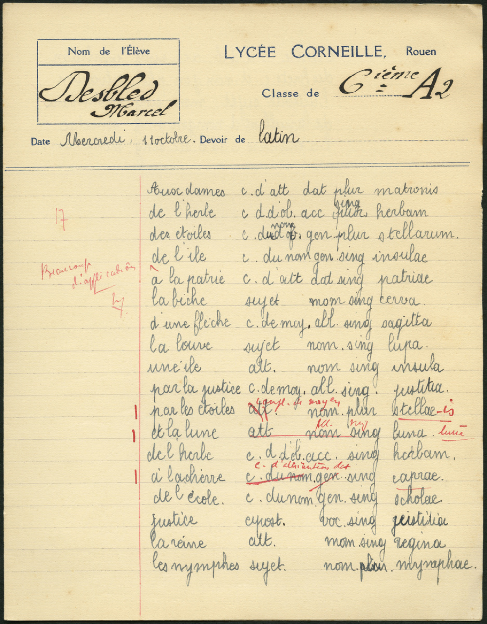 Devoir de latin - Lycée Corneille, Rouen, classe de 6ième A2
