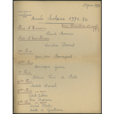 Palmarès de l'année scolaire 1971-1972 - Distribution des Prix - 25 juin 1972