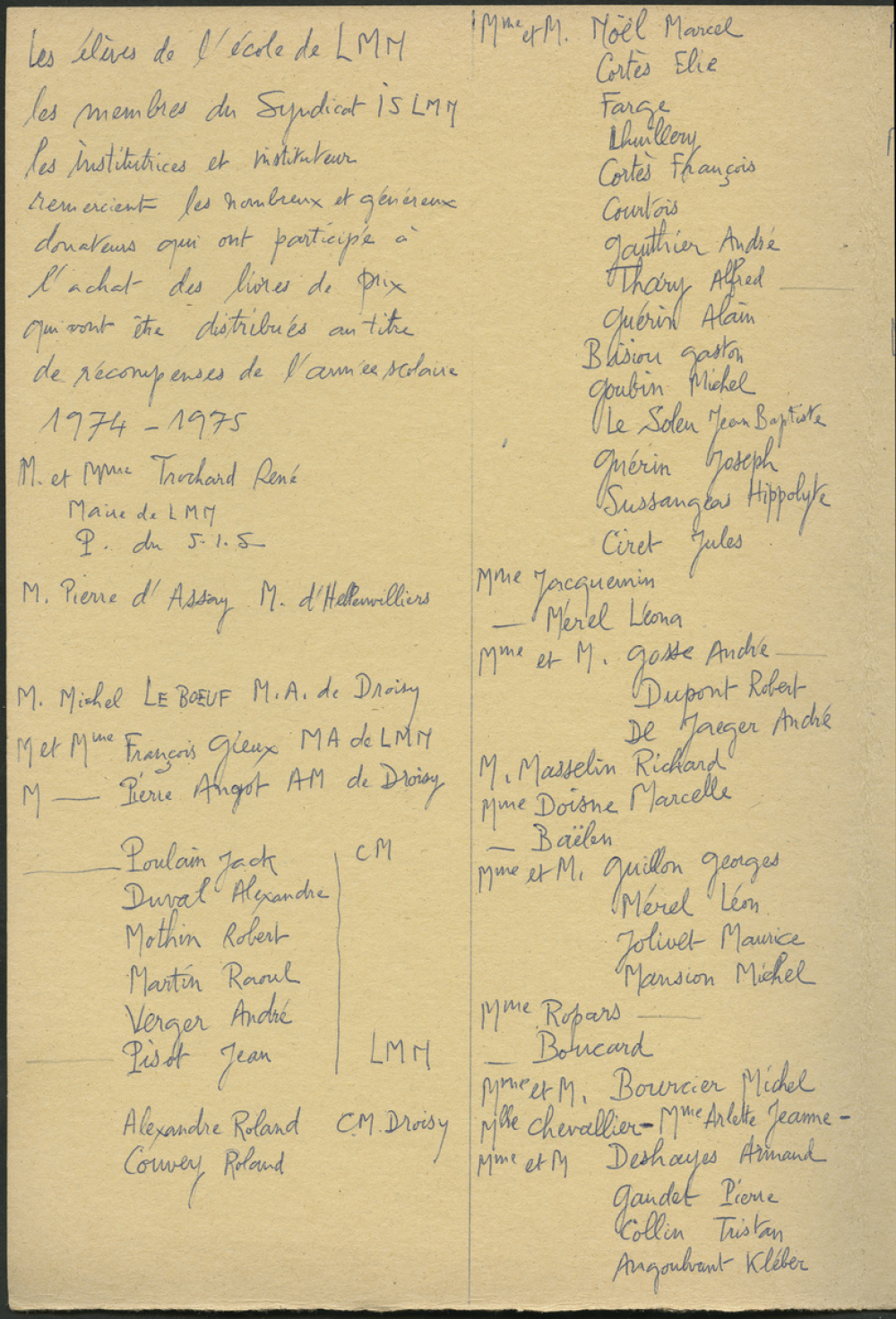 Distribution des Prix - 1975 - Liste de donateurs, brouillon de remerciements