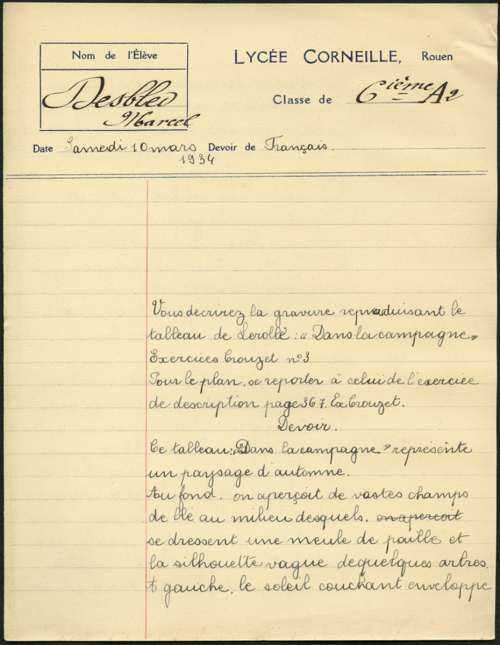 Devoir de Français - Lycée Corneille, Rouen, classe de 6ième A2