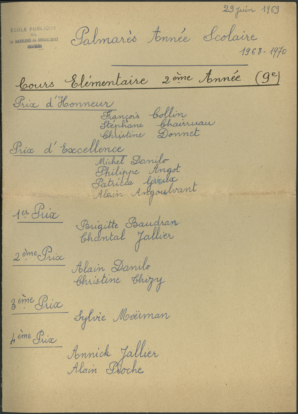 Palmarès de l'année scolaire 1968-1969 - Distribution des Prix - 29 juin 1969
