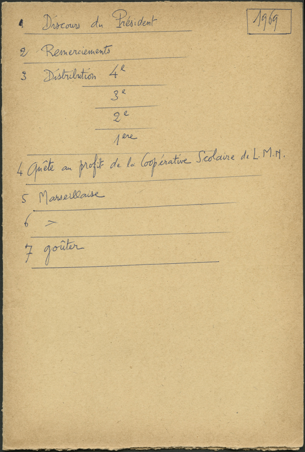 Palmarès de l'année scolaire 1968-1969 - Distribution des Prix - 29 juin 1969