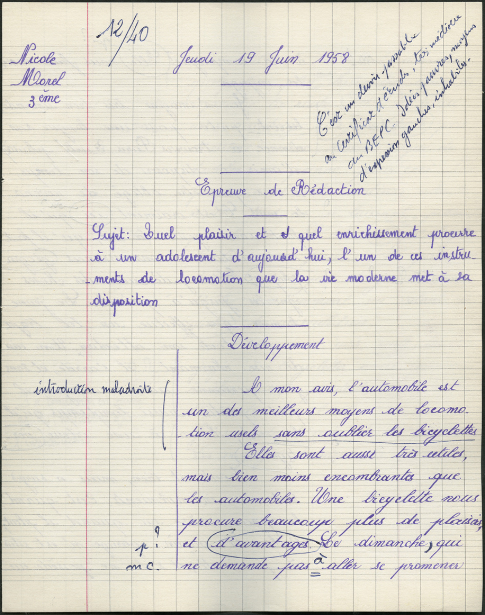 BEPC 1958. Collège de Damville. Rédaction