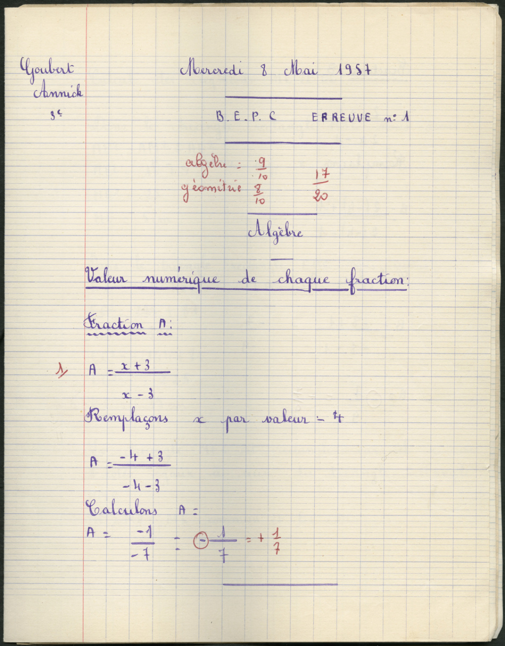 BEPC 1957. Collège de Damville. Devoir de mathématiques