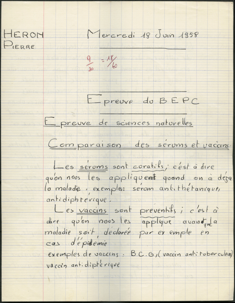 BEPC 1958. Collège de Damville. Sciences naturelles / garçons
