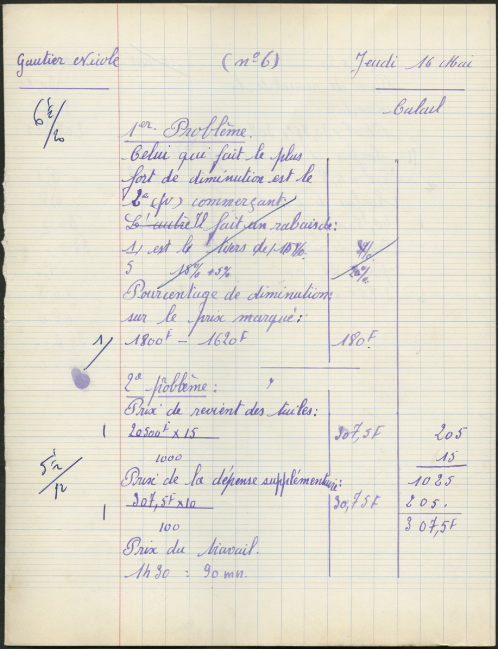 Certificat d'études 1957. Canton de Damville. Devoir de calcul