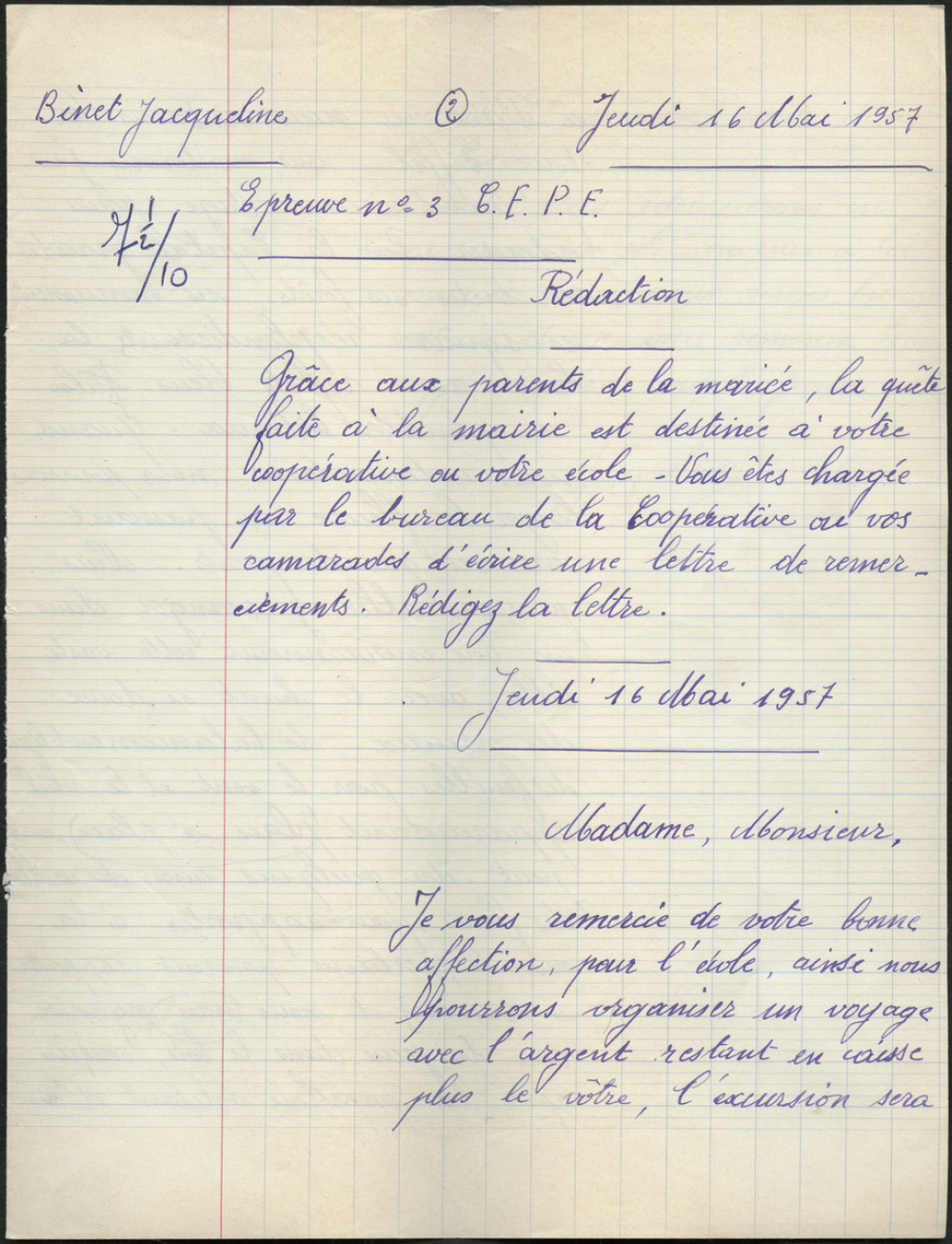Certificat d'études 1957. Canton de Damville. Rédaction
