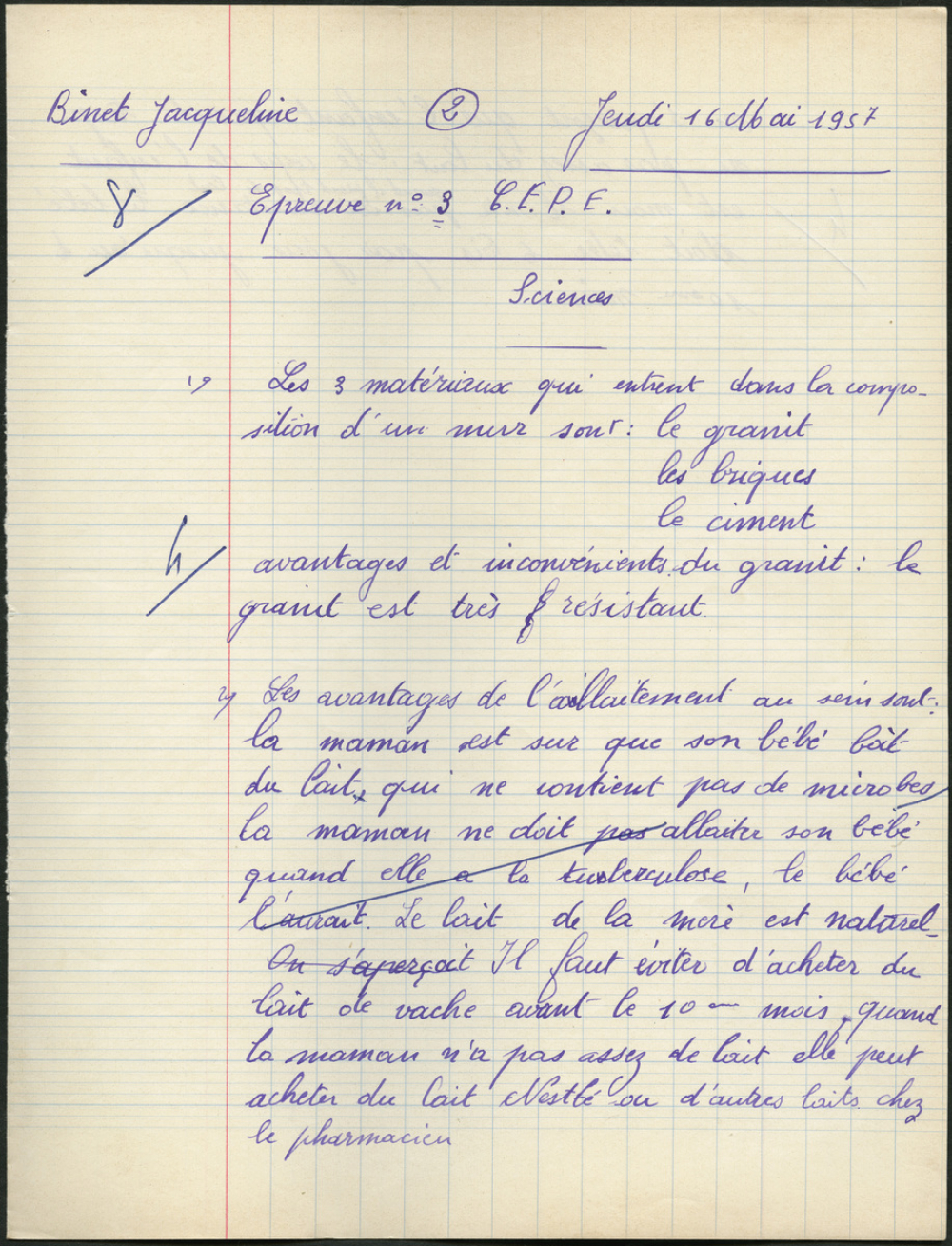 Certificat d'études 1957. Canton de Damville. Devoir de sciences / filles
