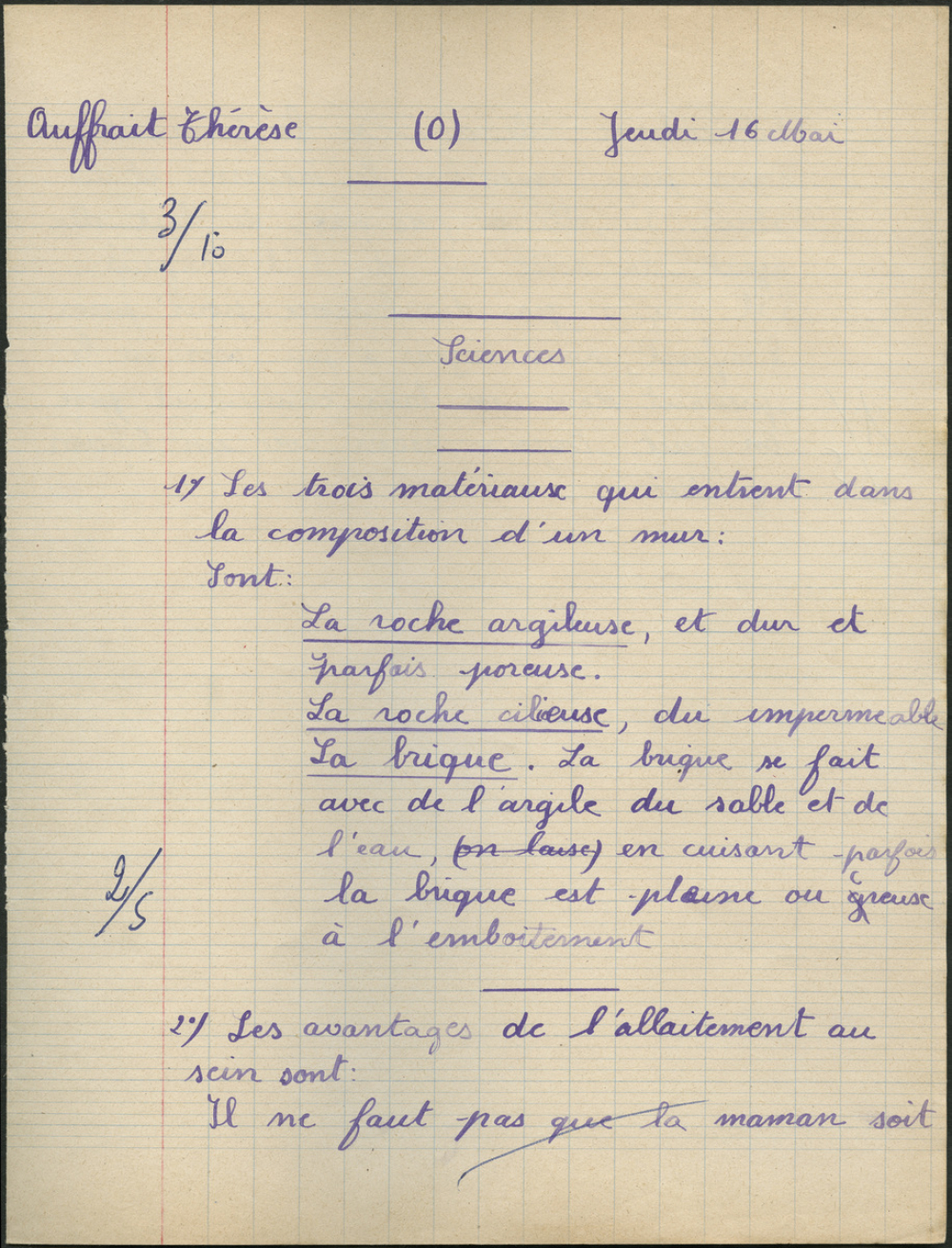 Certificat d'études 1957. Canton de Damville. Devoir de sciences / filles
