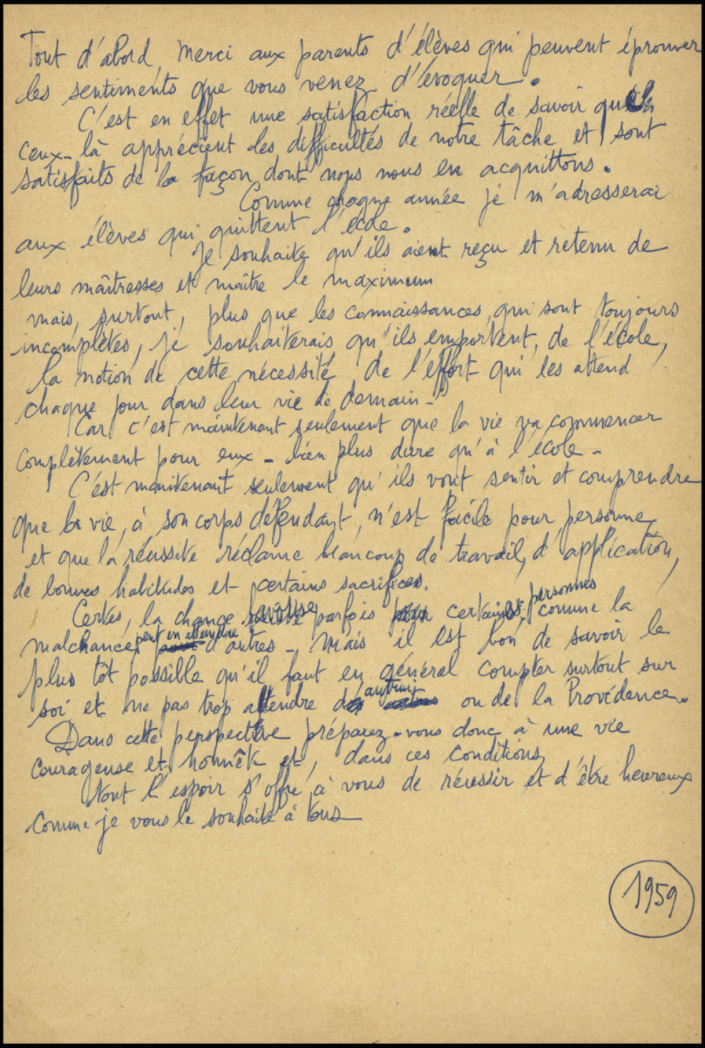 Distribution des Prix - 1959 - Brouillons du discours de remerciements et du discours à ses élèves