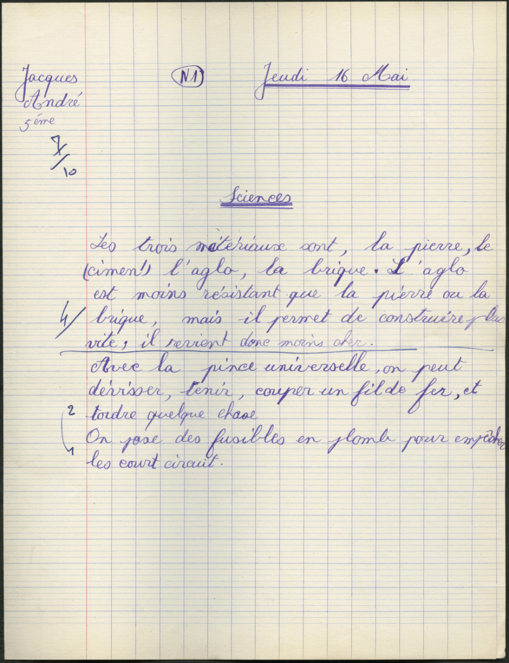 Certificat d'études 1957. Canton de Damville. Devoir de sciences / garçons