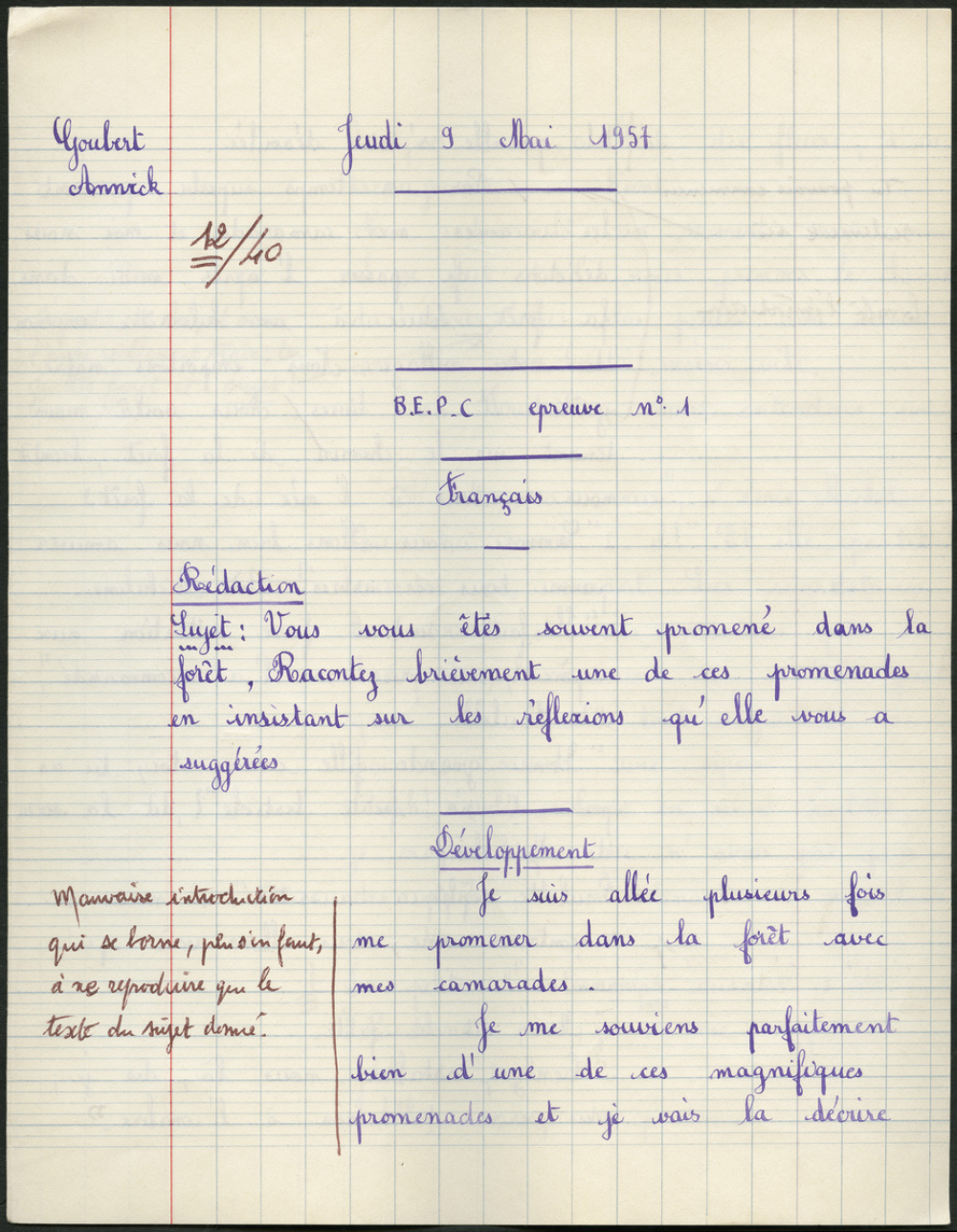 BEPC 1957. Collège de Damville. Rédaction
