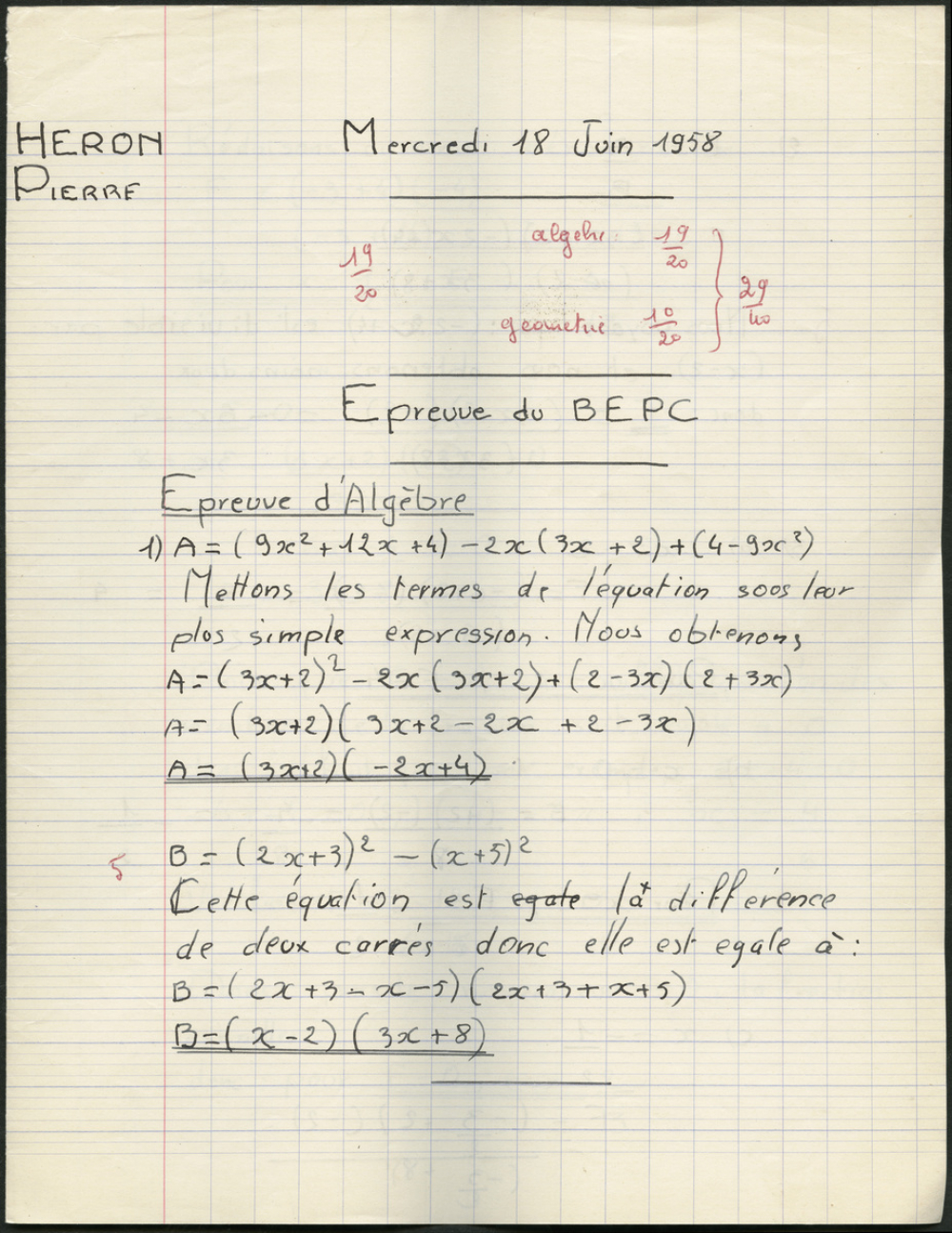BEPC 1958. Collège de Damville. Mathématiques
