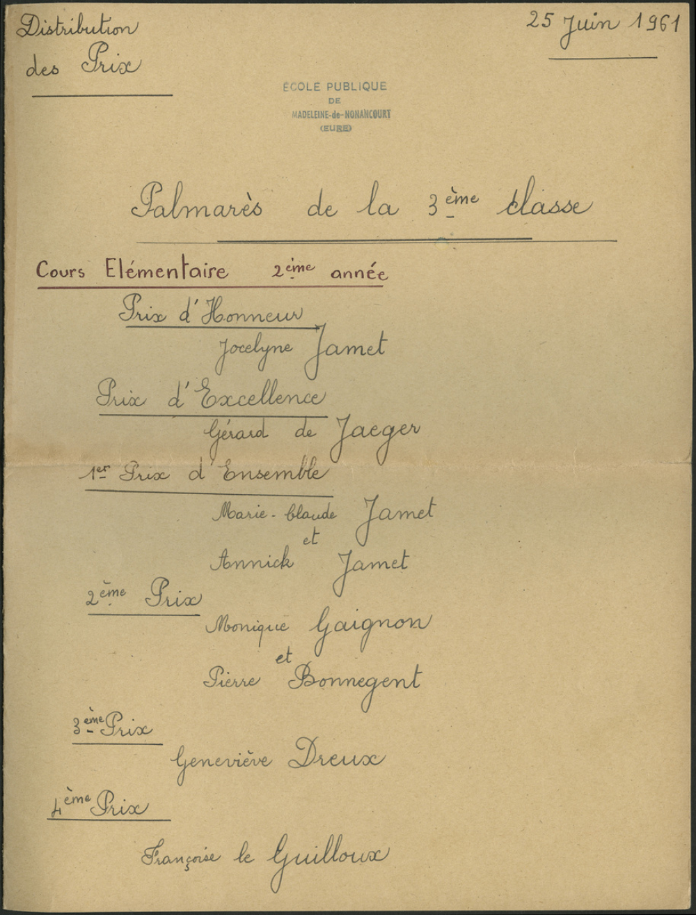 Palmarès de la 3e classe - Distribution des Prix - 25 juin 1961
