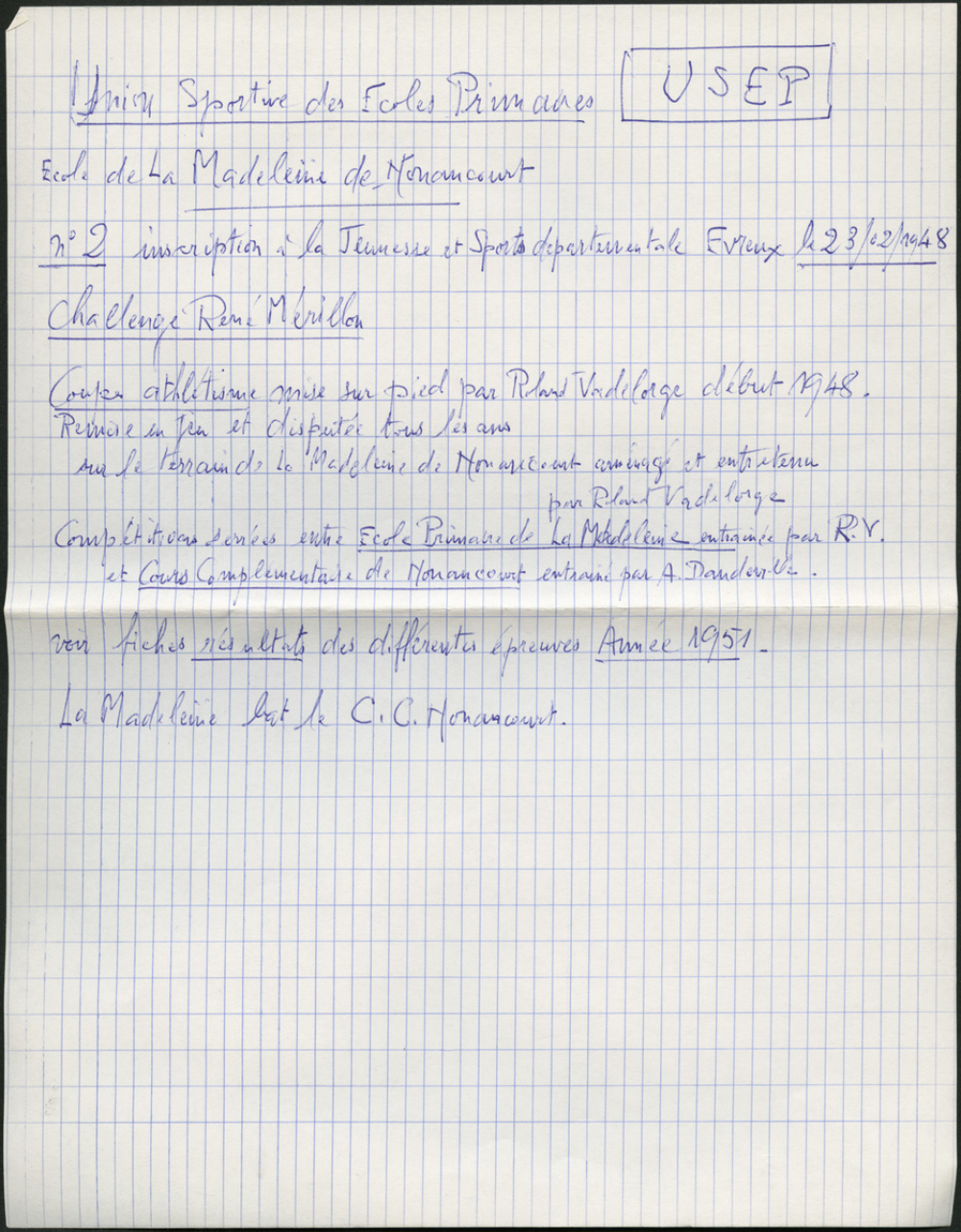 Historique de l'USEP à La Madeleine-de-Nonancourt - 1948-1951
