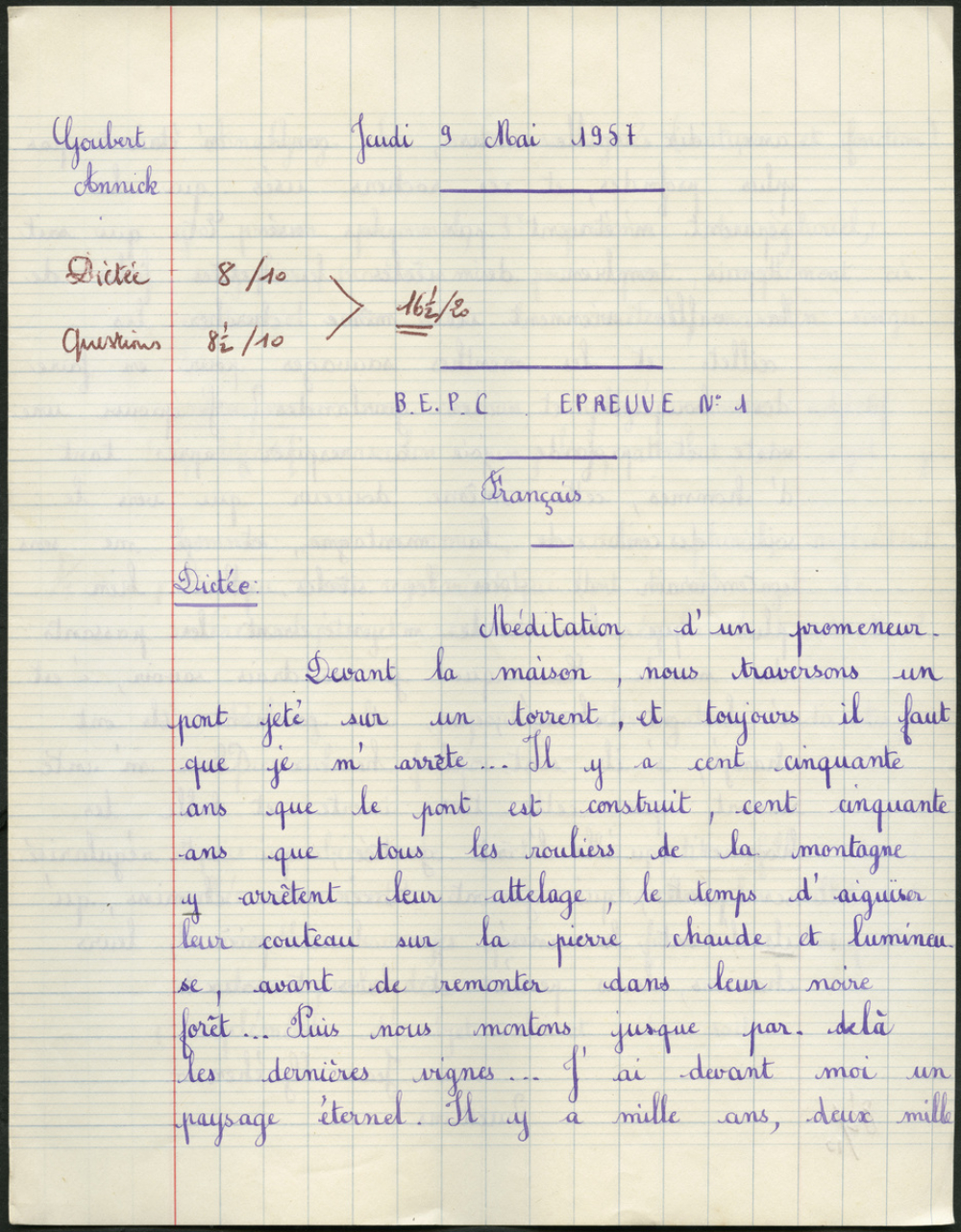 BEPC 1957. Collège de Damville. Devoir de français