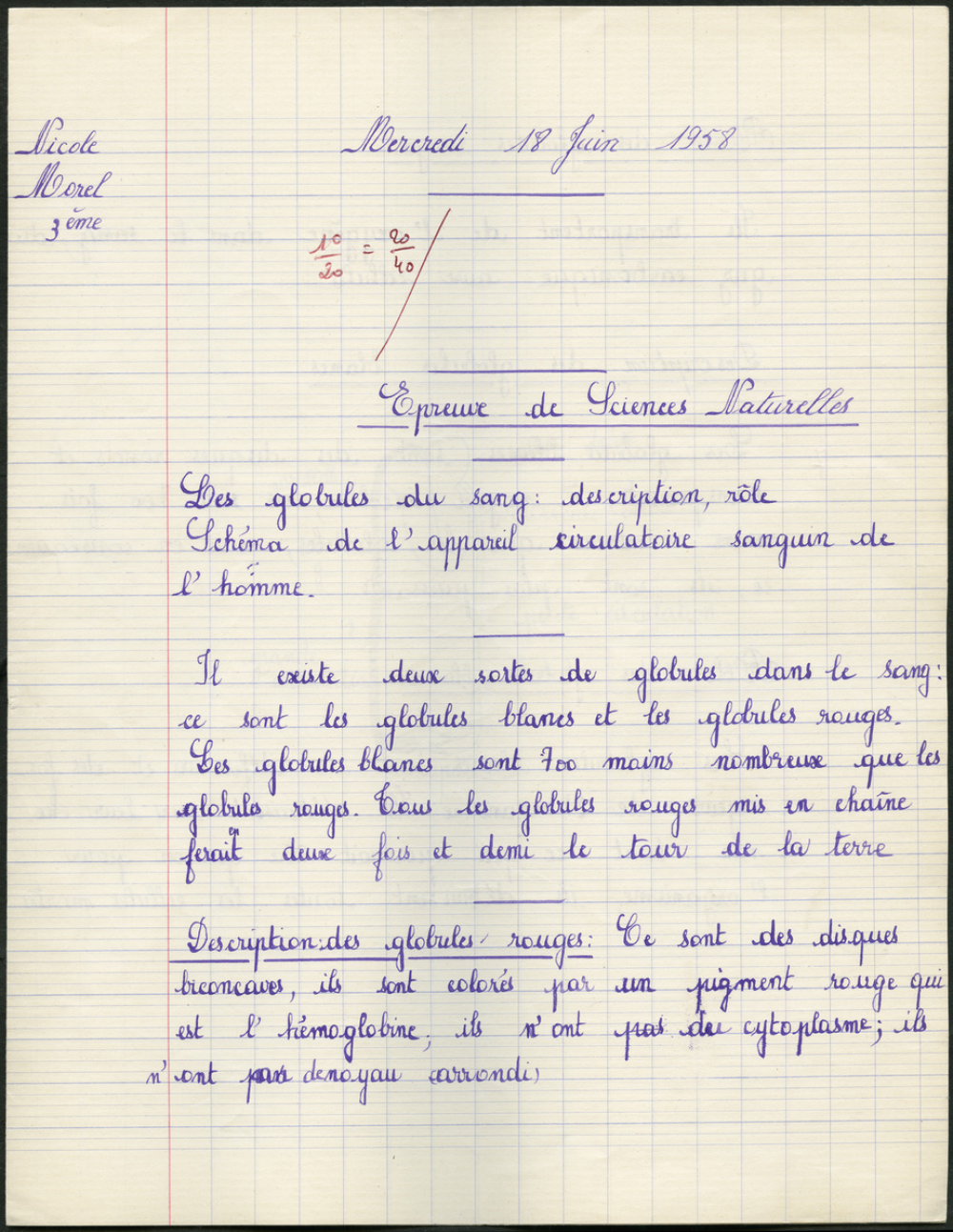 BEPC 1958. Collège de Damville. Sciences naturelles / filles