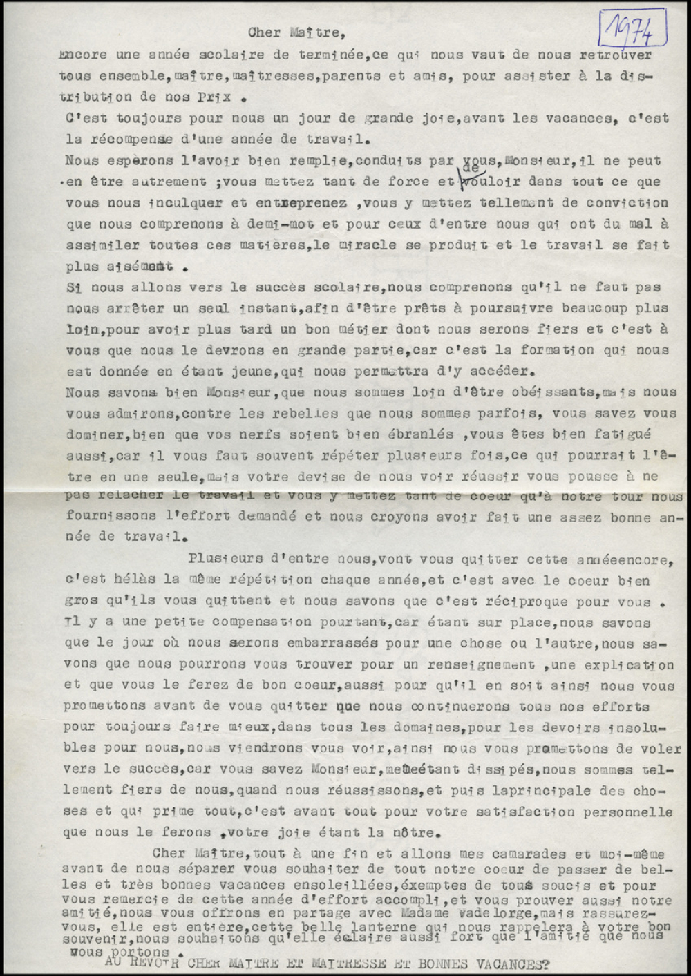 Distribution des Prix - 1974 - Compliment des élèves à M. Vadelorge