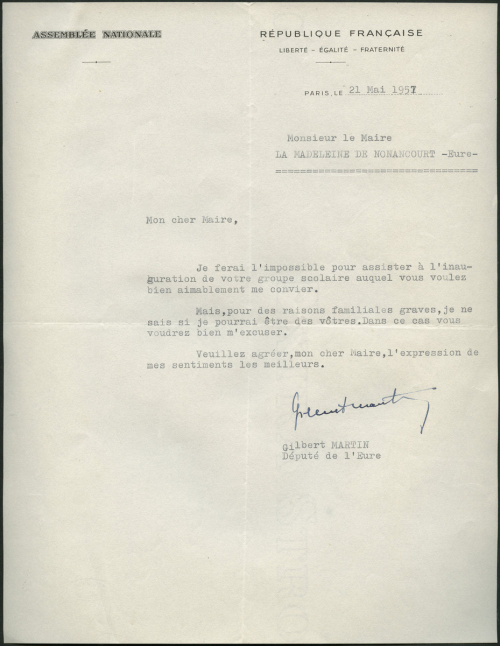 Réponse à l'invitation à l'inauguration du groupe scolaire de La Madeleine-de-Nonancourt