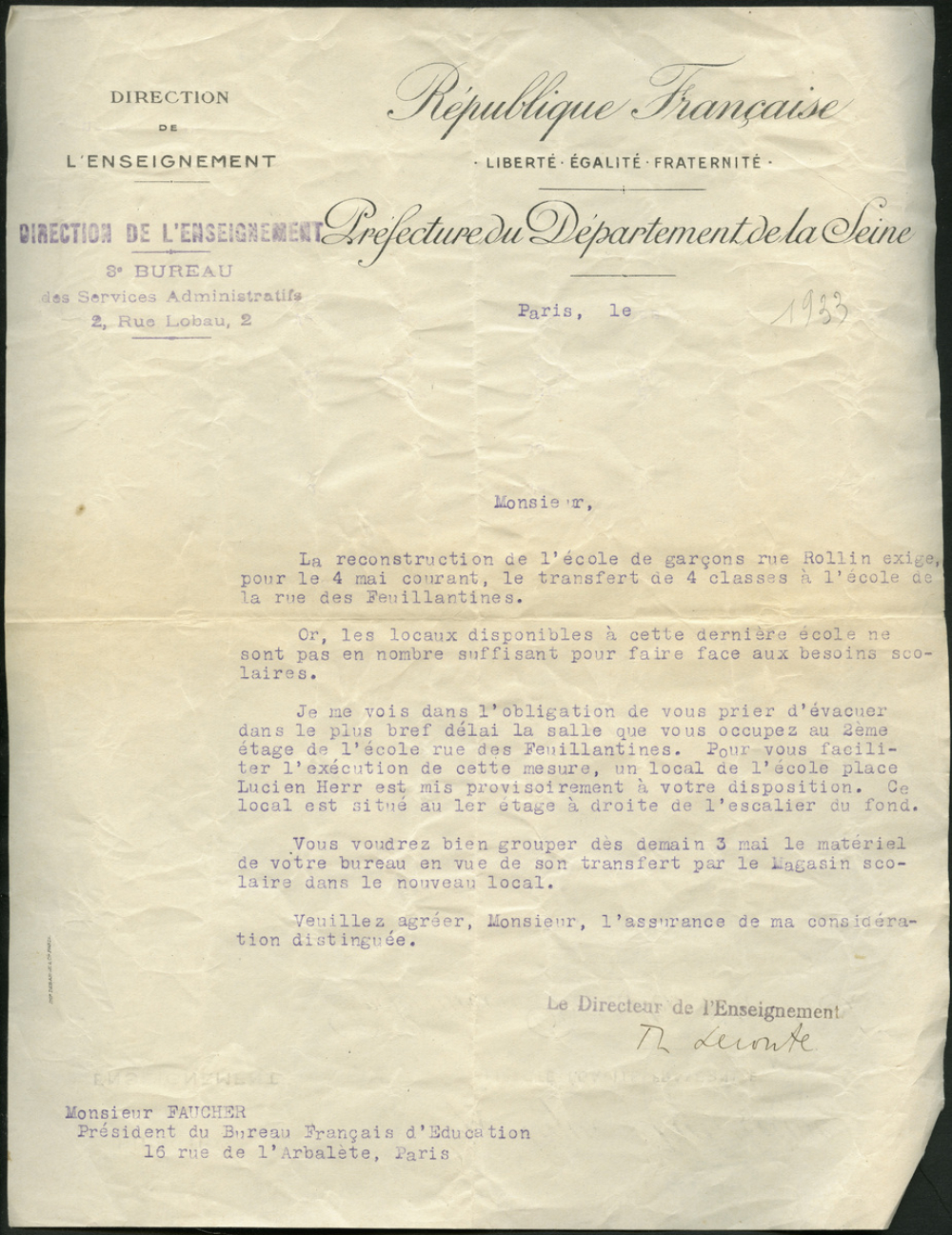 Lettre de la Direction de l'Enseignement à Monsieur Faucher, Président du Bureau Français de l'Éducation