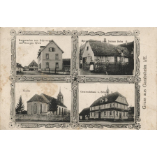 Gruss aus Gambsheim i/E. - Restauration zum Schwanen von Georges Wick - Spezereihandlung von Jérôme Bohn - Kirche - Gemeindhaus u. Schule.
