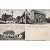 Gruss aus Eschenzweiler, O.=E. - Kirche - Spezereihandlung von I. Moessner - Schulhaus mit Platz.
