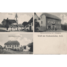 Gruss aus Eschenzweiler, O.=E. - Kirche - Spezereihandlung von I. Moessner - Schulhaus mit Platz.